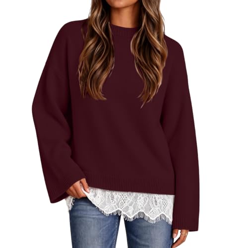 Oversized Sweaters for Women Lace Trim Hem Long Sleeve Trendy Pullover - image 1