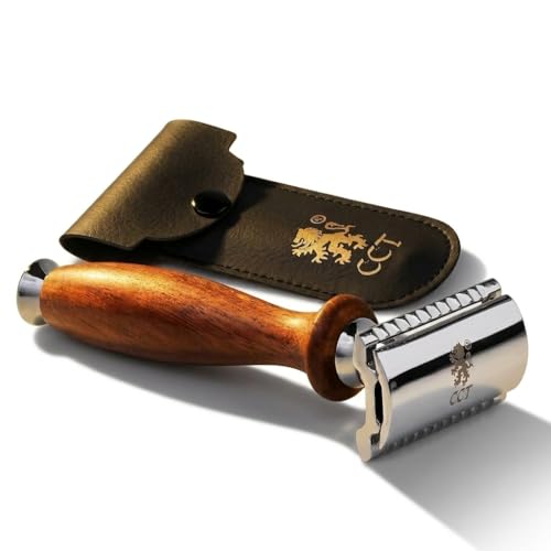 Cambridge Cutthroat Double Edge Safety Razor for Men - Missanda Hardwood Handle & Stainless Steel Traditional Wet Shaving Razor with Travel Pouch Beginner-Friendly (Blades Not Included)