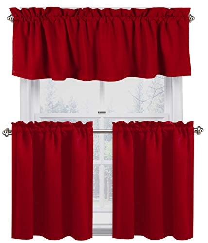 Native Fab Juego de 3 Cortina Corta de Cocina Ventana algodón Lavable, 2 Cortinas de Nivel y 1 Cortina de Cenefa, Media Ventana Cortinas para Cocina Fregadero balcón Dormitorio café- Rojo