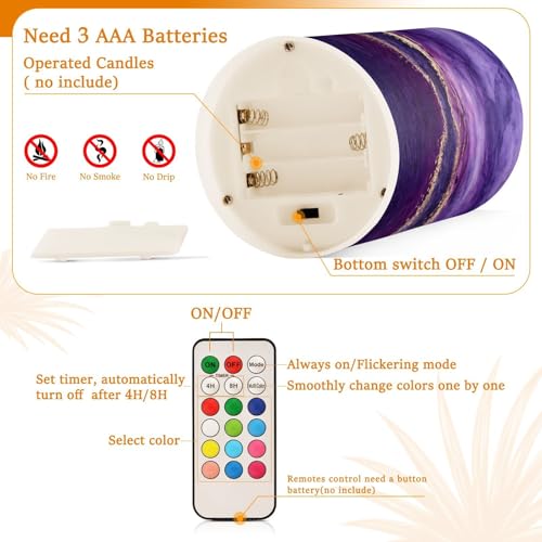 Image of Flickering Flameless Candles, Purple Marble with Golden Veins LED Candles with Remote Timer, Set of 2 Battery Operated Candle for Valentine Wedding Birthday