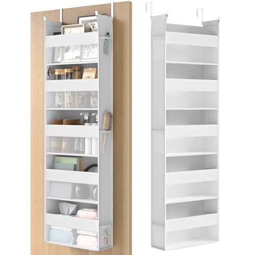 SONGMICS Hängeorganizer, Hängeregal, Tür-Organizer, Hängeaufbewahrung, Türregal Stoff, transparentes Nylonnetz, faltbar, Metallhaken, Seitentaschen, wolkenweiß RDH007W01