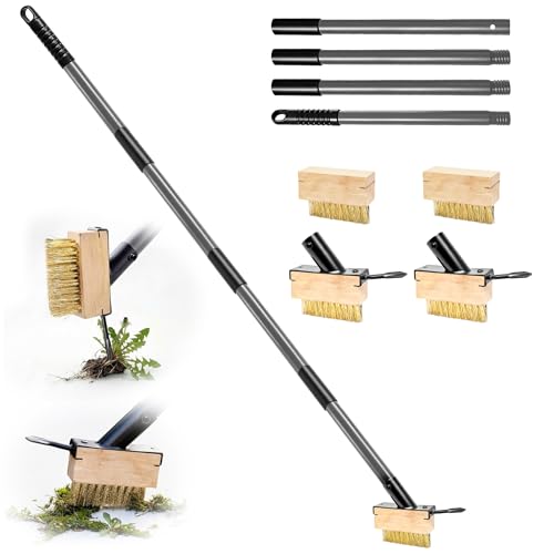 Weed Removal Brush/Moss Remover Tool Set - 2 Sets of 4 Replaceable Heads with Adjustable 160cm Long Handle Weed Remover Tool for Cleaning Block Paving Driveway and Garden Path Angled Bristles