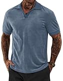 VOGSTART Men's Terry Shirt Collared Plain Color Polos Lightweight Vintage Basic Polo Wicking V Neck Medium Weight Ribbed Collar Regular Fit Buttonless Short Sleeve Golf Shirts Blue L