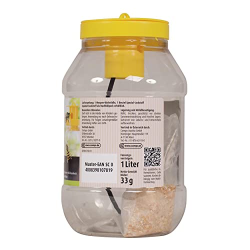 COMPO Wespen-Falle, Natürlicher Inhaltsstoff, Insektizidfrei, Bis zu 3 Wochen Langzeitwirkung, Wiederbefüllbar, Wespenspray