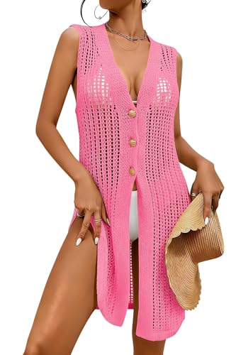 Image of Cakulo Womens Crochet Cardigan Summer Sleeveless Hollow Out Long Vest 2026 Boho Beach Vacation Swim Cover Up