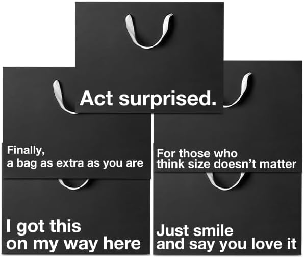 MilkToast Brands Funny Gift Bags, 16" x 6" x 12" Size, 5-Pack Set with Assorted Sarcastic Phrases, Large Black Kraft Paper Bags for White Elephant Gifts, Christmas, Holidays, Office Parties, Birthdays
