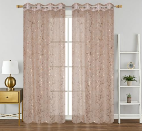Image of Homefab India Multi Foil Transparent Sheer Curtain - 7 X 4 Feet, Door Curtains, Hazel Wood, Pack of 2 Pieces