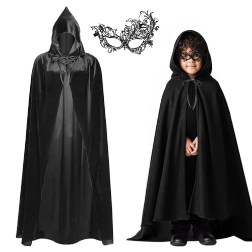 Aurasky Cape à Capuche Noire, Cape Halloween Enfant avec Masque, Vampire Deguisement Velvet, Costume Halloween Enfant, pour Halloween Carnaval Mascarade Cosplay Fête