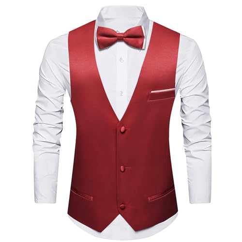 Image of Barry.Wang Mens Suit Vest Bow Tie Set 4PCS Formal V-neck Slim Fit Casual Solid Color Waistcoat Wedding Party Tuxedo