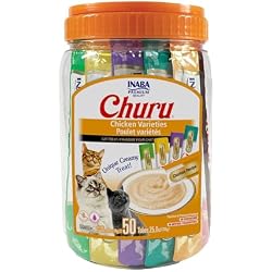 INABA Churu Cat Treats, Lickable, Squeezable Creamy Purée Cat Treat with Green Tea Extract & Taurine, 0.5 Ounces Each Tube, 50 Tubes, Chicken Variety