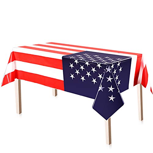 3 Pieces 4th of July American Flag Tablecloth, Plastic Stars and Stripes Patriotic Table Cover for July 4th Halloween Party Supply Decor, 51 x 71 Inch