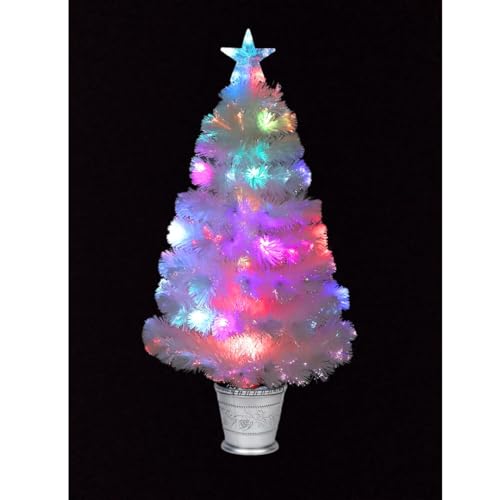 Trendi 2ft Multi-Coloured Fibre Optic Christmas Tree with Star & Cones | Pre-Lit Tabletop Xmas Tree | 12V 3.6W Isolating Transformer Plug with Timer | Mini Fibre Optic LED Christmas Decoration (White)