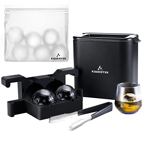 Kuukotek Crystal Clear Ice Ball Maker Mold for For Wine Lover, Set of 2 with Storage Bag and Ice Tong, BPA Free, 2.4inch Sphere