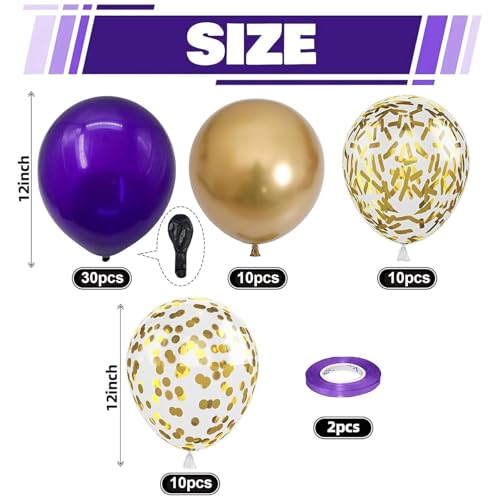 Image of Purple and Gold Balloons, 60 Packs 12 Inch Dark Purple and Gold Confetti Metallic Party Balloons with Ribbons for Girls Women Birthday, Wedding, Graduation Decoration
