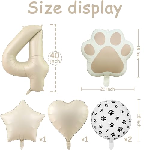 Image of 4th Birthday Dog Paw Balloons Set,18'' Paw Prints, Heart,Star,Paw Shaped Foil Balloon 40 Inch Cream Number 4 Helium balloons for Puppy Themed Third Anniversary Birthday Party Decorations Supplies 6PCS