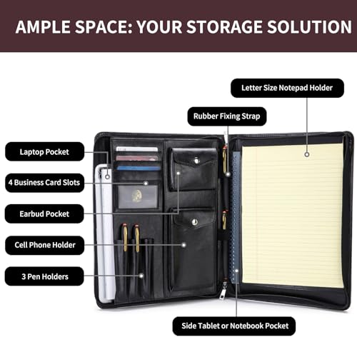 Geslun Vegan Leather Portfolio with Hidden Handle, Zippered Front Pocket, Business Padfolio for Men and Women, 8.5 x 11 Legal Pad Notebook Holder, Office Letter Notepad Folio, Black by Geslun - Image 3