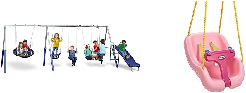 XDP Recreation Fun Forever Swing Set, Gray & Little Tikes Snug 'n Secure Pink Swing with Adjustable Straps, 2-in-1 for Baby and Toddlers Ages 9 Months - 4 Years,16" D x 16.3" W x 17" H