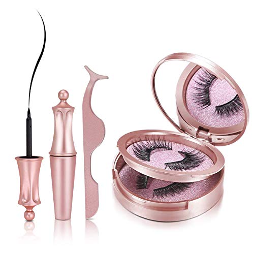Magnetic Eyeliner Kit,2 Pairs Magnetic Eyelashes with Eyeliner Natural Look,Water Resistant and No Glue Needed Reusable Silk False Lashes,Including Tweezers and Makeup Mirror,More Stable Easier To Use