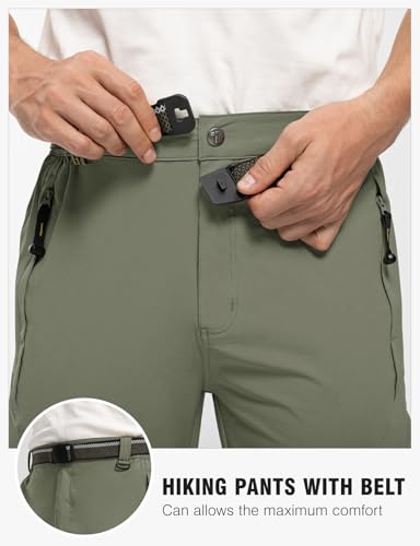TBMPOY Men's Lightweight Hiking Pants with Belt 5 Zip Pockets Waterproof Quick-Dry Travel Fishing Work Outdoor Pants Thin Sage Green S