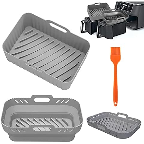 Air Fryer Silicone Pot for Ninja, 2 Pack Collapsible Double Air Fryer Silicone Air Fryer Basket, Reusable Air Fryer Rack, Silicone Air Fryer Liners for Ninja Dual Air Fryer, Oven, Microwave (2 Grey) Cover