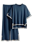Tanming Sweater Sets Women 2 Piece Lounge Sets Short Sleeve Knit Pullover Tops Wide Leg Pants (Navy-S)