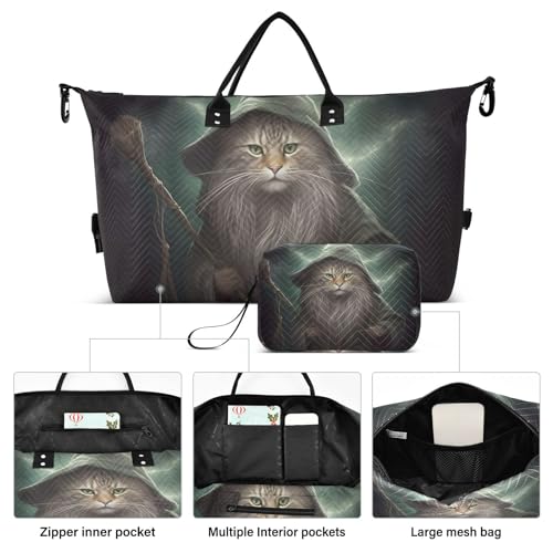 Large Travel Duffel Bag, Cat Green Light Sport Tote Gym Bag, Shoulder Weekender Overnight Bag for Women Men, Carry On Luggage with Toiletry Bag2