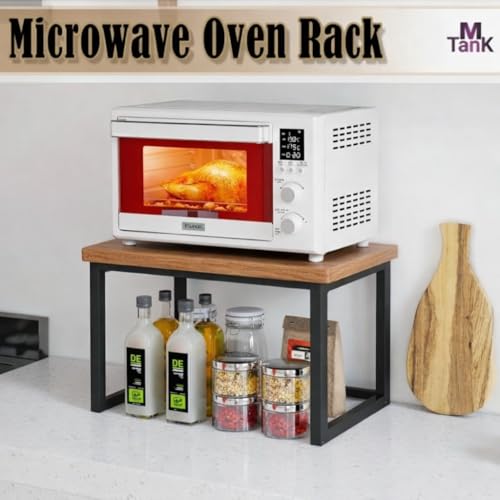 Image of MTANK Kitchen Countertop Organizer Rack for Microwave, Toaster & Jars - Sturdy Wooden & Metal Frame Stand with Storage Shelf | Large Spice Rack Storage Counter Shelf-Black Microwave Stand | (Brown)