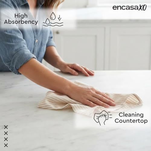 Image of Encasa XO Kitchen Towels Cotton Pack of 4 | 70x45 cm, Ticking Beige - Dish Cloths | Highly Absorbent Cleaning & Wiping Cloths for Kitchen | Reusable Tea Towels