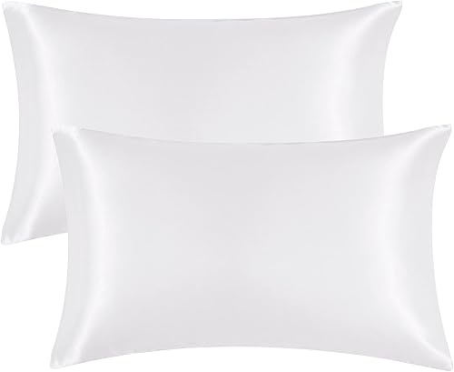 EHEYCIGA Juego de 2 fundas de almohada de satén para cabello y piel, color blanco, fundas de almohada suaves, paquete de 2 piezas. Tamaño Estándar