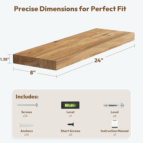 Image of Vivelove Elm Wood Floating Shelf 24x8 inch Set of 2, Natural