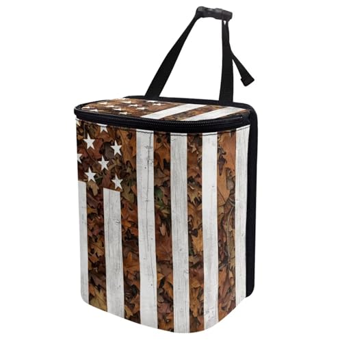 Image of Talayituse American Flag Hunting Camo Print Car Trash Can Portable Auto Garbage Bin Multifunctional Vehicle Interior Accessories with Adjustable Straps 4th of July Decor Universal Fit Truck SUV Sedan