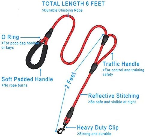 Image of 5FT Strong Dog Leash with Comfortable Padded Handle and Highly Reflective Threads Dog Leashes for Small Medium and Large Dogs (Double Handle - Red)