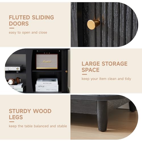 Image of TV Stand, Fluted Media Console Table with Storage and Sliding Door, Farmhouse Entertainment Center for Living Room, Home Office (Black-No Fireplace)