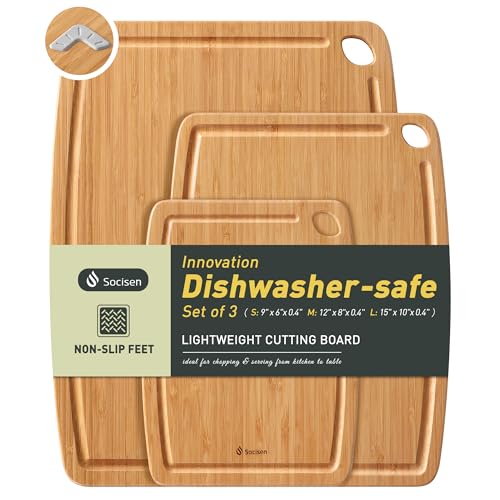 Lightweight Durable Bamboo Cutting Board Set with Non-Slip Feet, Wood Cutting Board for Busy Kitchen, Easy Clean Wooden Chopping Boards with Juice Groove Best House Warming Gift Set of 3 (S+M+L)