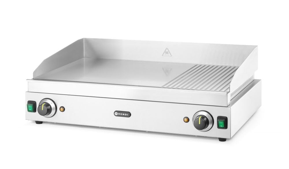 HENDI Plancha de asar eléctrica mixta 2/3 lisa y 1/3 acanalada, grill parrilla con bandeja de goteo extraíble, temperatura regulable hasta 300°C, 230V, 3500W, 720x530x(H)250mm, acero inoxidable