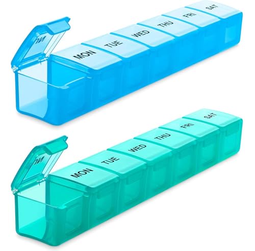 Image of BUG HULL Weekly Pill Organizer Large 2 Packs, Extra Large Travel Pill Organizers, Pill Box 7 Day, Travel Pill Case, Medicine Pill Organizer for Vitamins, Supplements and Medications (Blue+Green)