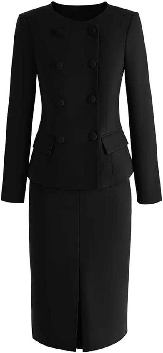 Women's O Neck Shirt Full Sleeve Triple Breasted Coat and Above Knee Sheath Skirt Two Piece Suit Professional Workwear