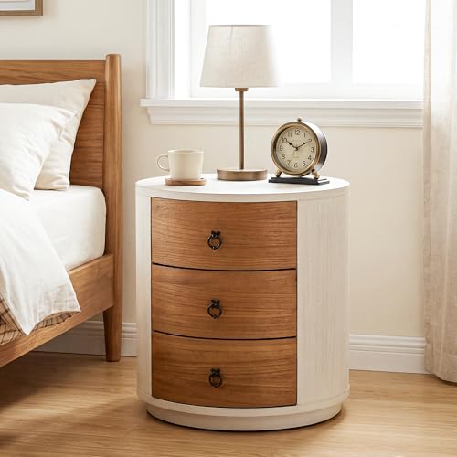 HOMPUS Fully Assembled Round Nightstand, 3 Drawer Chest of Drawers, Wood Rustic Farmhouse Dresser, Retro Modern Night Stand, Wood Rustic Farmhouse Dresser with Drawers for Bedroom, Brown + White