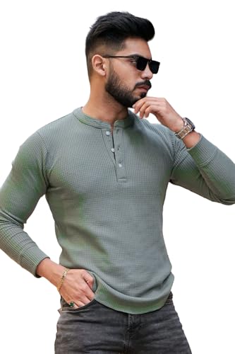 Image of GRITSTONES Men Self Waffle Knit Henley T-Shirt (GSHN-2H-01-BLK S)