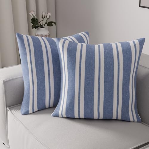 Image of Encasa XO Farmhouse Throw Pillow Covers Set of 2 24x24 in Franca Blue Stripes | Decorative Cushion Covers No Inserts | Plaid and Stripes Pillow Covers for Living Room, Couch