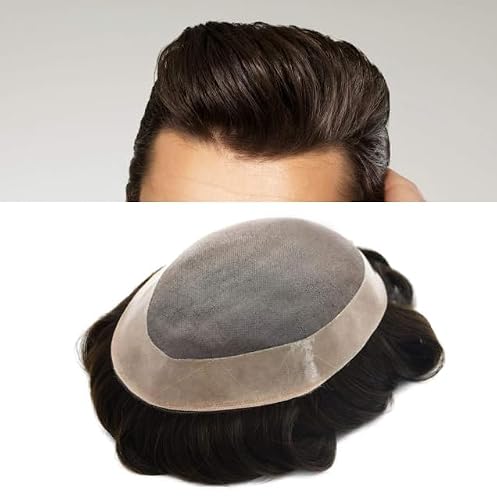F M FACE MIRACLE NEW YORK Mens Toupee Hairpiece System Durable Fine Mono Lace Men Replacement Wigs PU Poly Skin Around Natural Hairline (7x9, 3 Dark Brown-120% density)