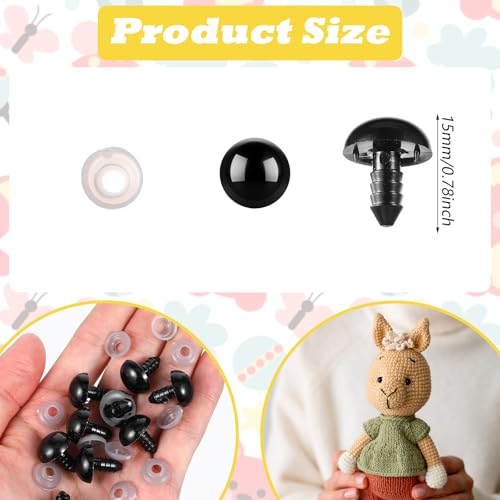 Giantree 100pcs 15mm Upgraded Safety Eyes for Crocheting 15mm Black Plastic Safety Eyes Crafts Safety Eyes with Washers for Amigurumi Crochet Bears Stuffed Animals Doll Making - Image 2