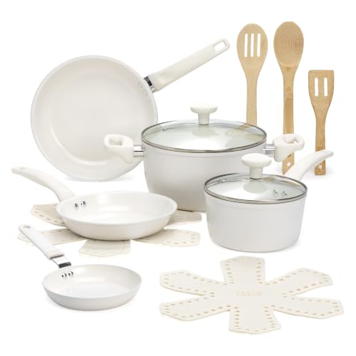 Tasty Ceramic Pots and Pans Set, Healthy Nonstick Cookware Set, Soft Touch Stay Cool Handles, Made without PFAS, PFOA, PFOS and PTFE, Even Heating, Dishwasher Safe, 12-Piece, White by Tasty - Used condition - US$61.81