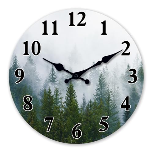 XFM Green Wooden Wall Clock 14 Inch Misty Forest Wall Clocks Battery Operated Silent Non-Ticking Round Modern Nature Wall Clocks Decorative for Kitchen Office Bedroom Decor