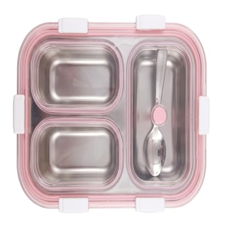 Image of Premium Stainless Steel Three Compartment Lunch Box (8.75 inch x 6.75 inch) - Durable Three Partition Leak Proof Tiffin Box for Food Grade Container with 6-Side Lock Unbreakable Lid (400g)
