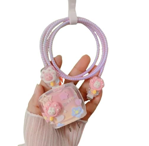 Image of 4 in 1 Compatible with iPhone Charger Case Cover | Silicon Charger Case Cover for Apple 18-20W 360 Degree Protection Case with Wire Saver (I Love You 4 Pink)