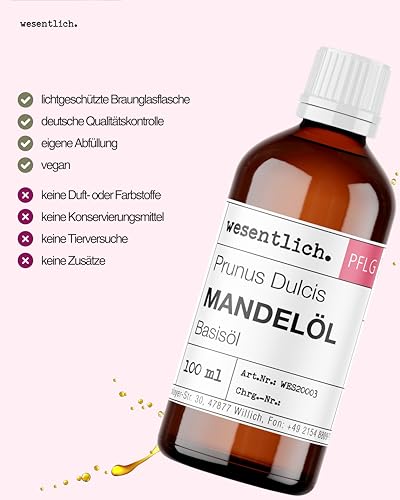 Foto von wesentlich. Mandelöl 100ml - 100% reines Basisöl - natürliche Pflege für Haut, Haar und Gesicht - ohne Zusatzstoffe