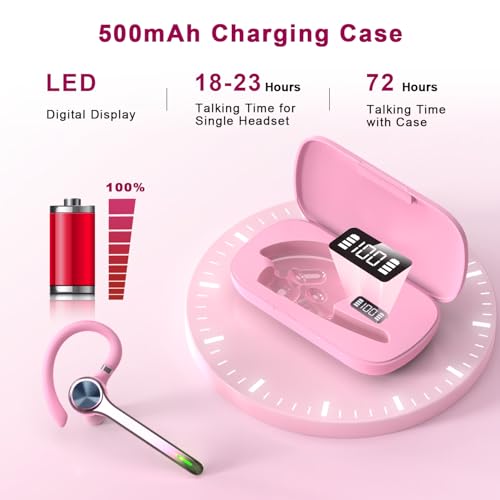 Image of HEIBAS Bluetooth Headset, Wireless Bluetooth Earpiece with 500mAh Charging Case 72 Hours Talking Time Built-in Microphone for iOS Android Cell Phone, V5.1 Hand-Free Headphones for Trucker, Office-Pink