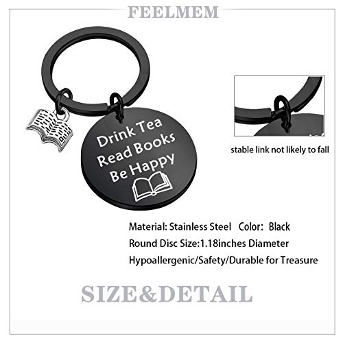 Image of FEELMEM Tea Lovers Drink Tea Read Books Keychain Party Gift Literature Book Lovers Jewelry Gift for Readers, Bookworm, Book (Drink Black)