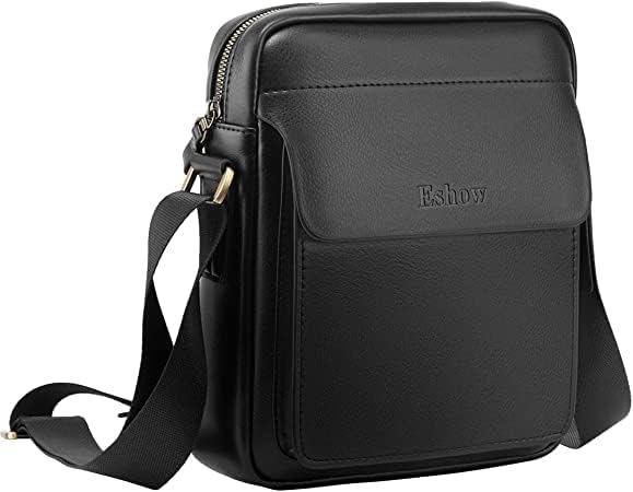 Vista 7 de Eshow Bolso bandolera de cuero para hombre, bolso de mensajero retro lateral para trabajo, negocios, bolso casual, negro101